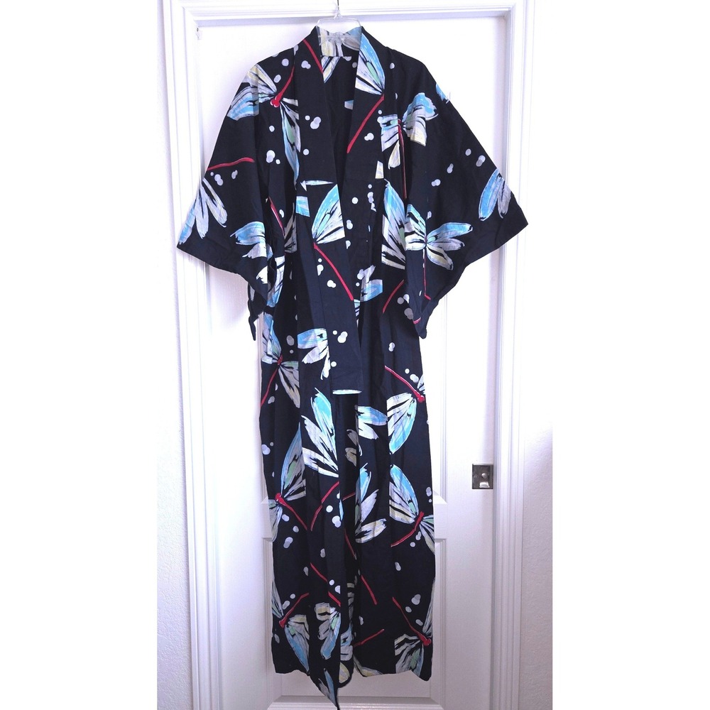Handmade Japanese Cotton‎ Yukata Kimono Robe Black Dragonfly Full Length Sz XL